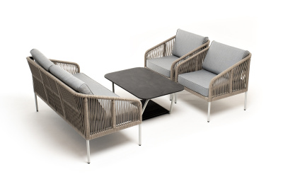 "Канны" лаунж-зона 4-местная из роупа со столом "Глория" (серый гранит), каркас алюминиевый светло-серый, роуп салатовый меланж
